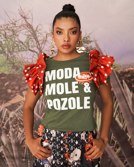 Blusa verde Moda, mole & pozole" con olanes