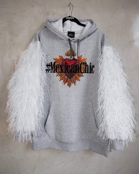 Hoodie gris #MexicanChic con plumas