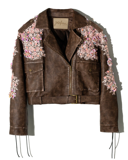 Biker jacket café con cintillas y flores